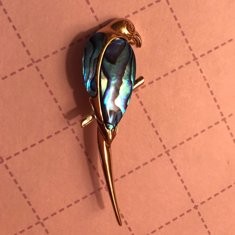 Ariki paua shell parrot pin gold plate